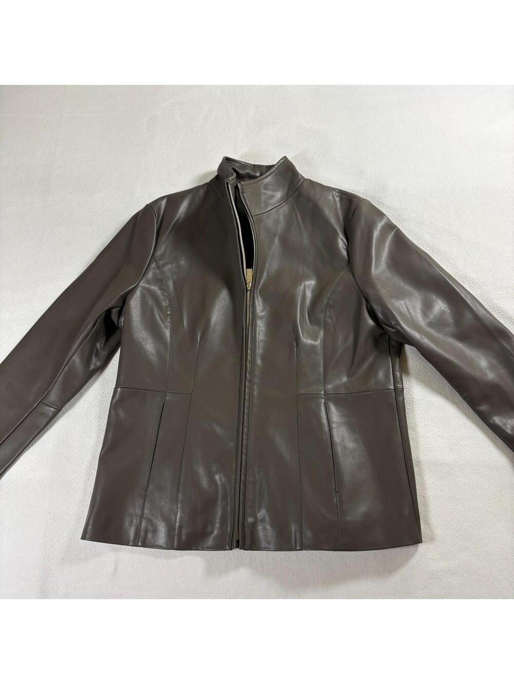 Leather Jacket Minimalist Zip Kenneth Cole L Fits Like X Brown Clean Classic